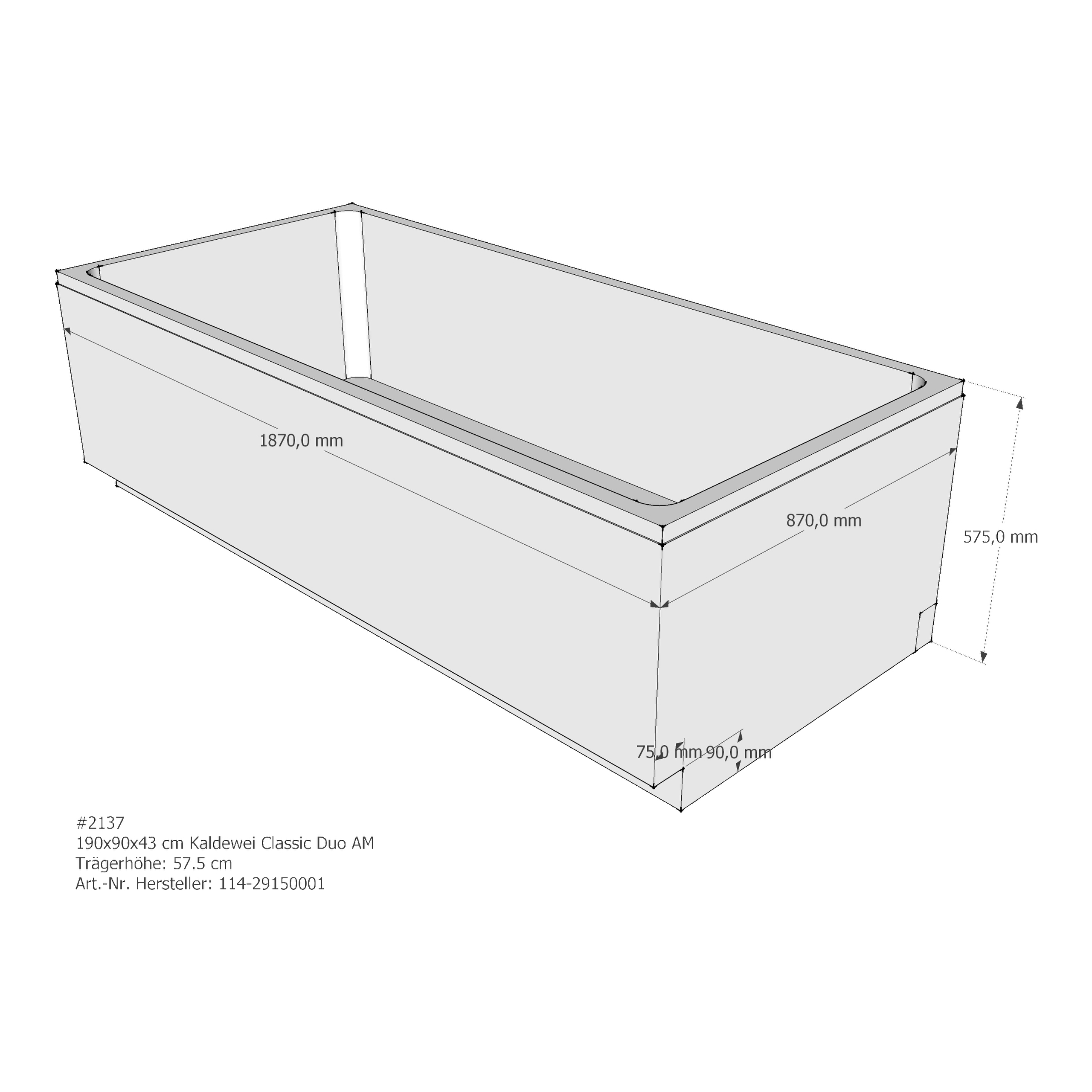 Badewannenträger für Kaldewei Classic Duo 190 × 90 × 43 cm
