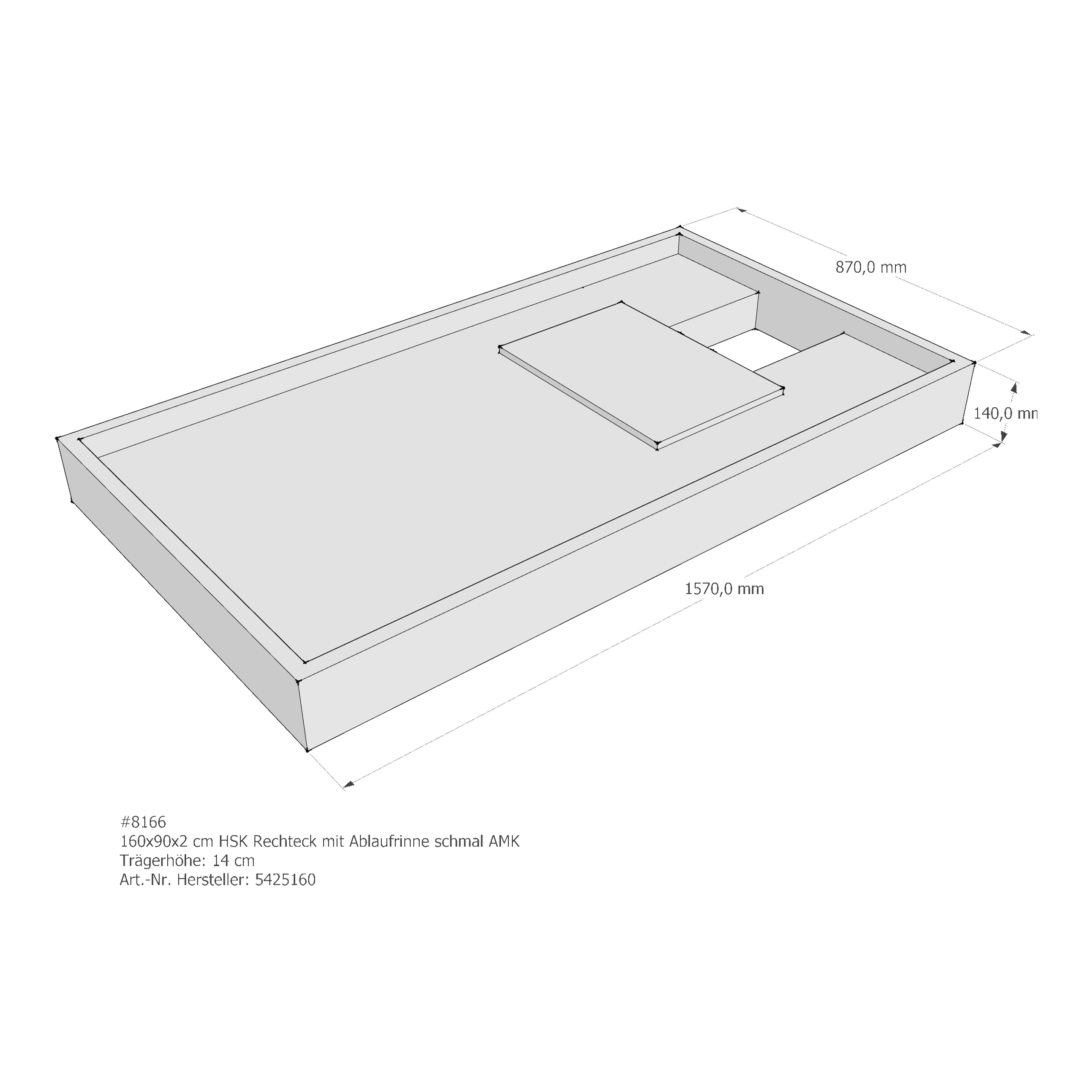 Duschwannenträger für HSK Quadrat Ablaufrinne schmal 160 × 90 × 2 cm