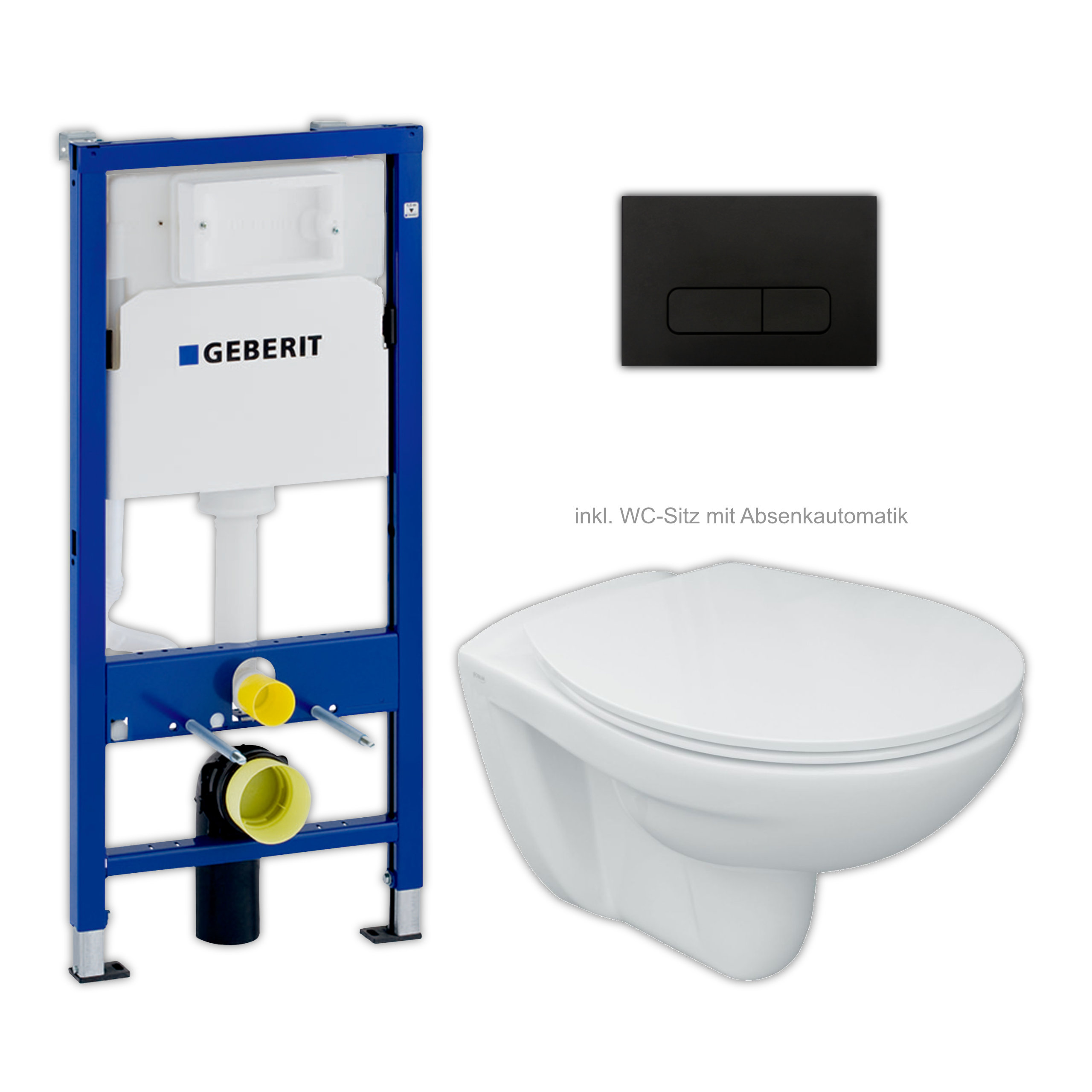 Set Tiefspül-Wand-WC, Geberit DuoFix Basic UP100 Vorwandelement, WC-Sitz mit Absenkautomatik, Mocha 35 Betätigungsplatte schwarz